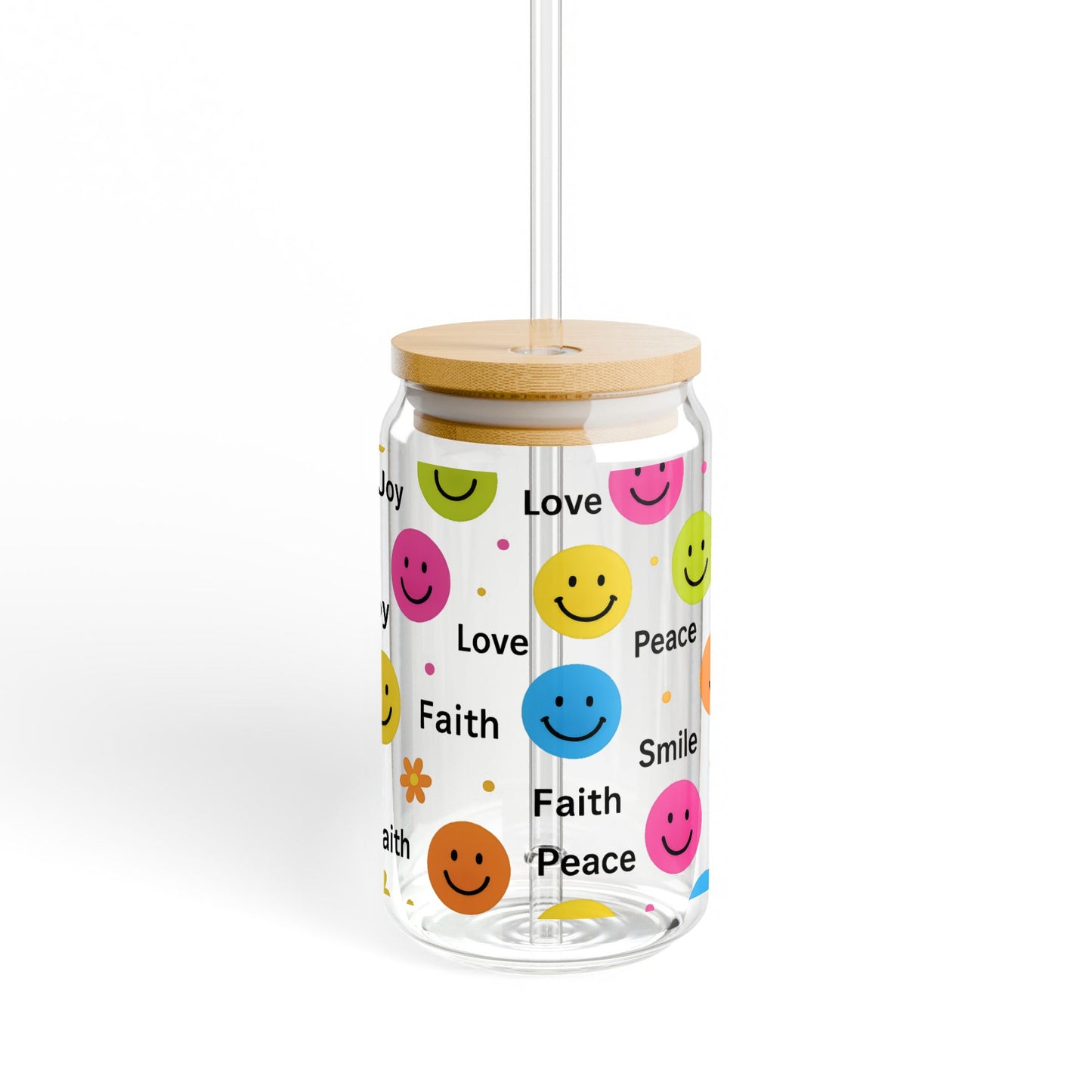 Colorful Smiley Faces Glass Jar with Bamboo Lid, Inspirational Words, Joy Love Faith Peace Drinkware