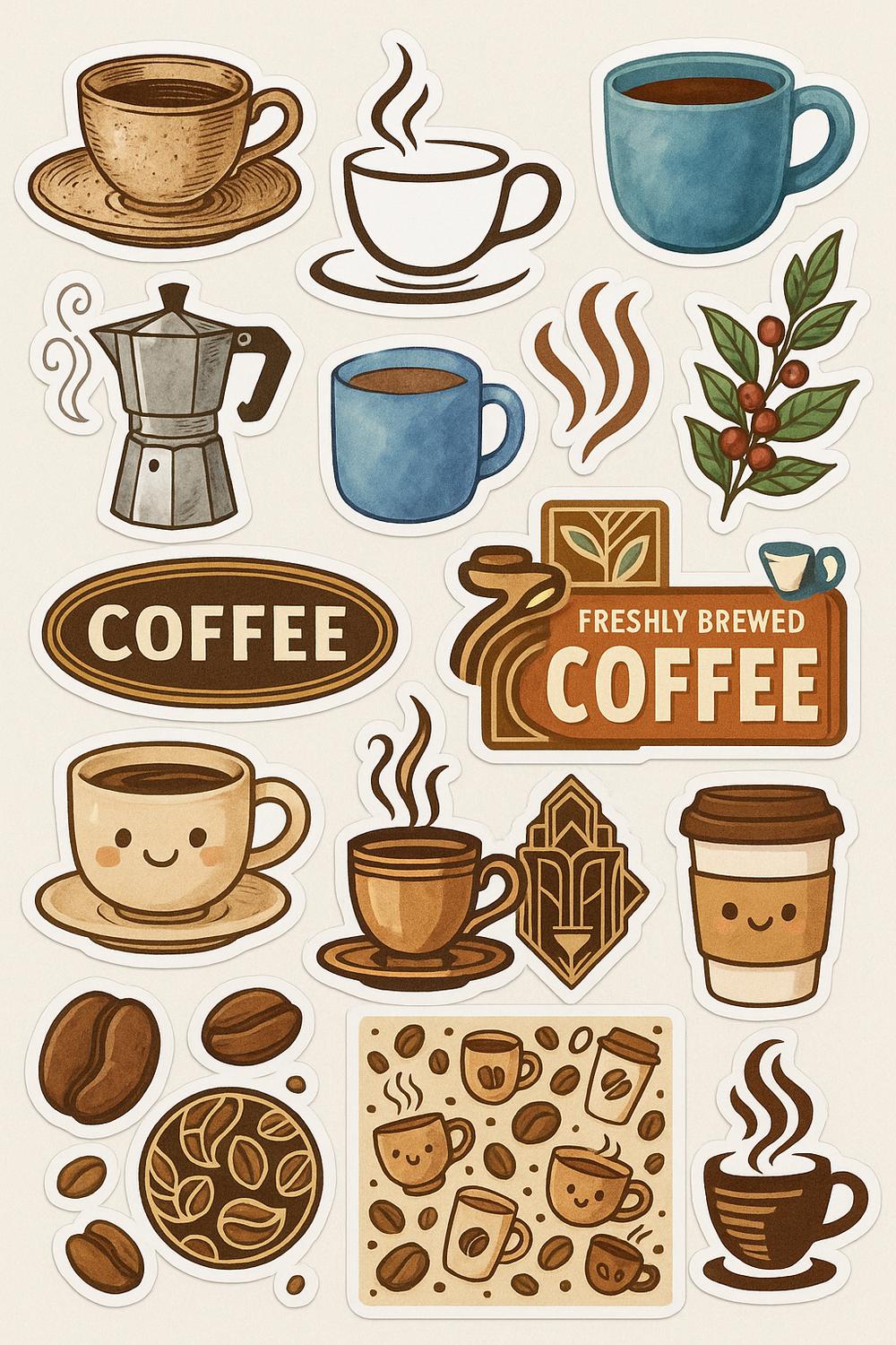 Coffee Sticker Set, Assorted Coffee Cup and Bean Designs, Espresso, Cappuccino, Moka Pot Illustrations, Cute Laptop Decals