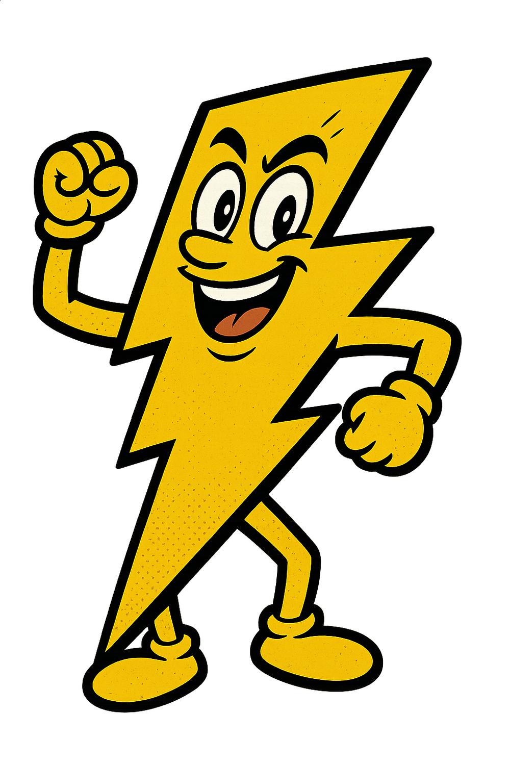 Cartoon Lightning Bolt Character Poster, Animated Yellow Lightning Art Print, Kids Room Wall Decor, Fun Electric Mascot Illustration