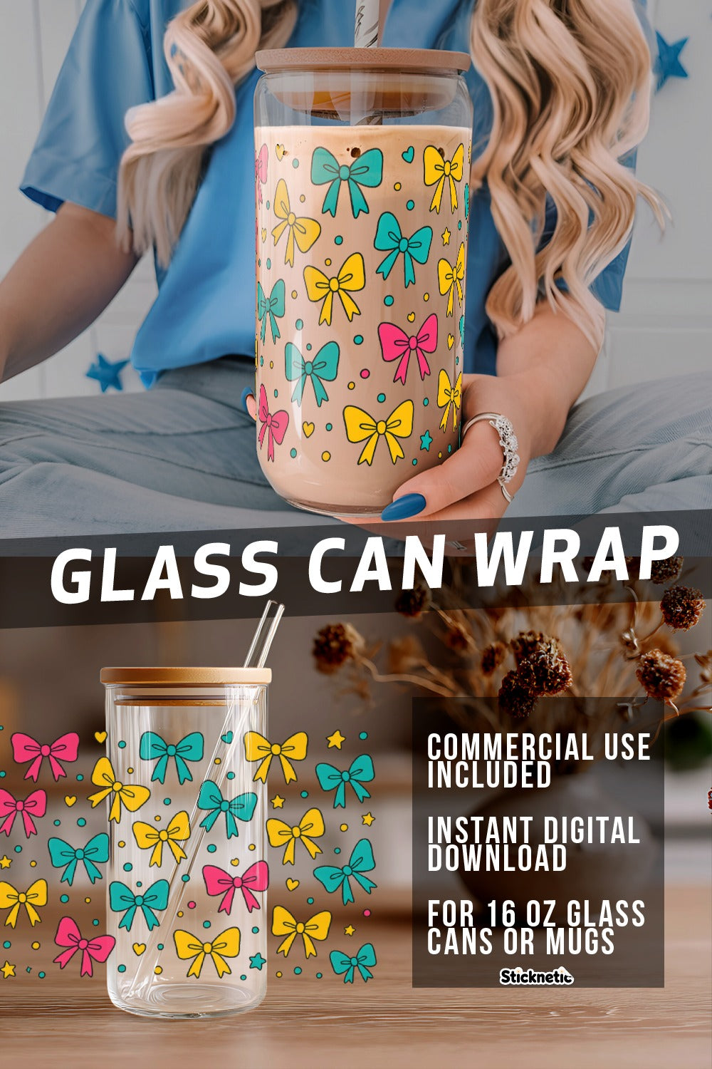 Colorful Butterfly Glass Can Wrap, Instant Digital Download, Commercial Use, 16 oz Mug Decor Graphic