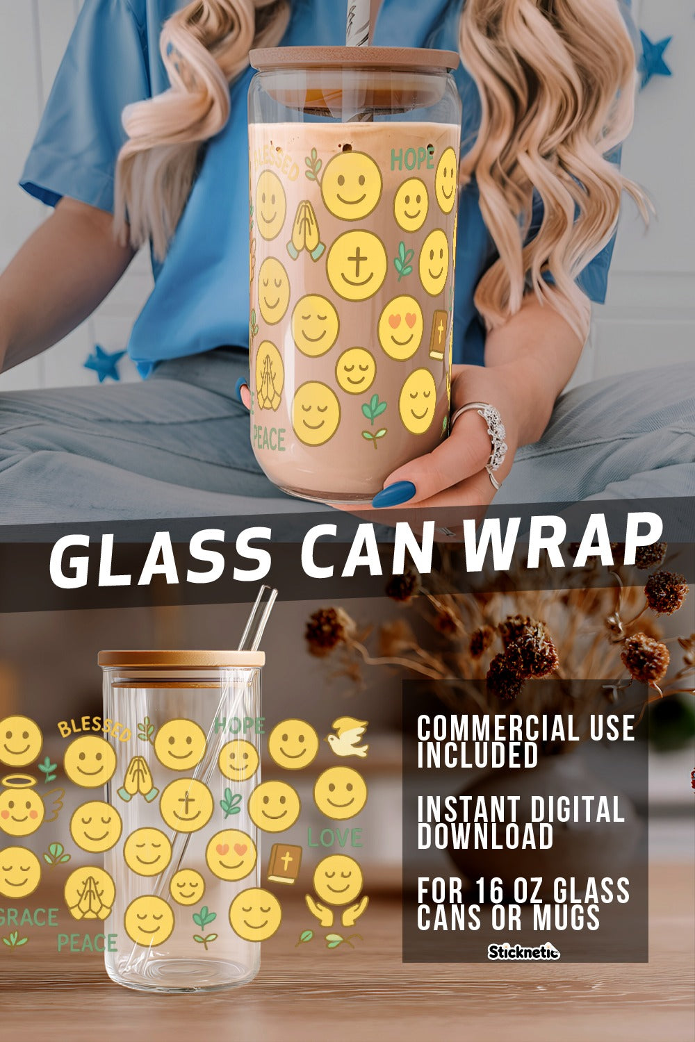 Smiley Face Glass Can Wrap, Instant Download, Digital SVG, Peace Love Emojis Design for 16 oz Mugs