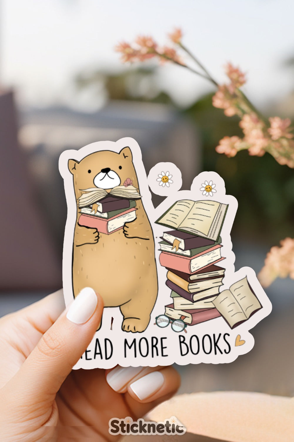 Cute Bear and Stack of Books Sticker product
