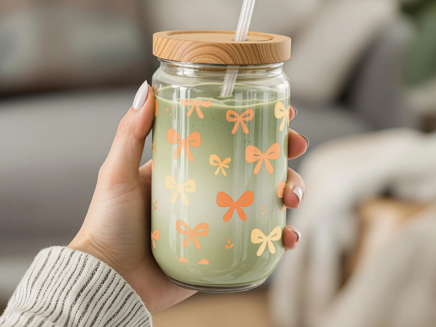 Reusable Glass Drinking Jar with Bamboo Lid, Pastel Bow Pattern, Eco-Friendly Glass Straw Included