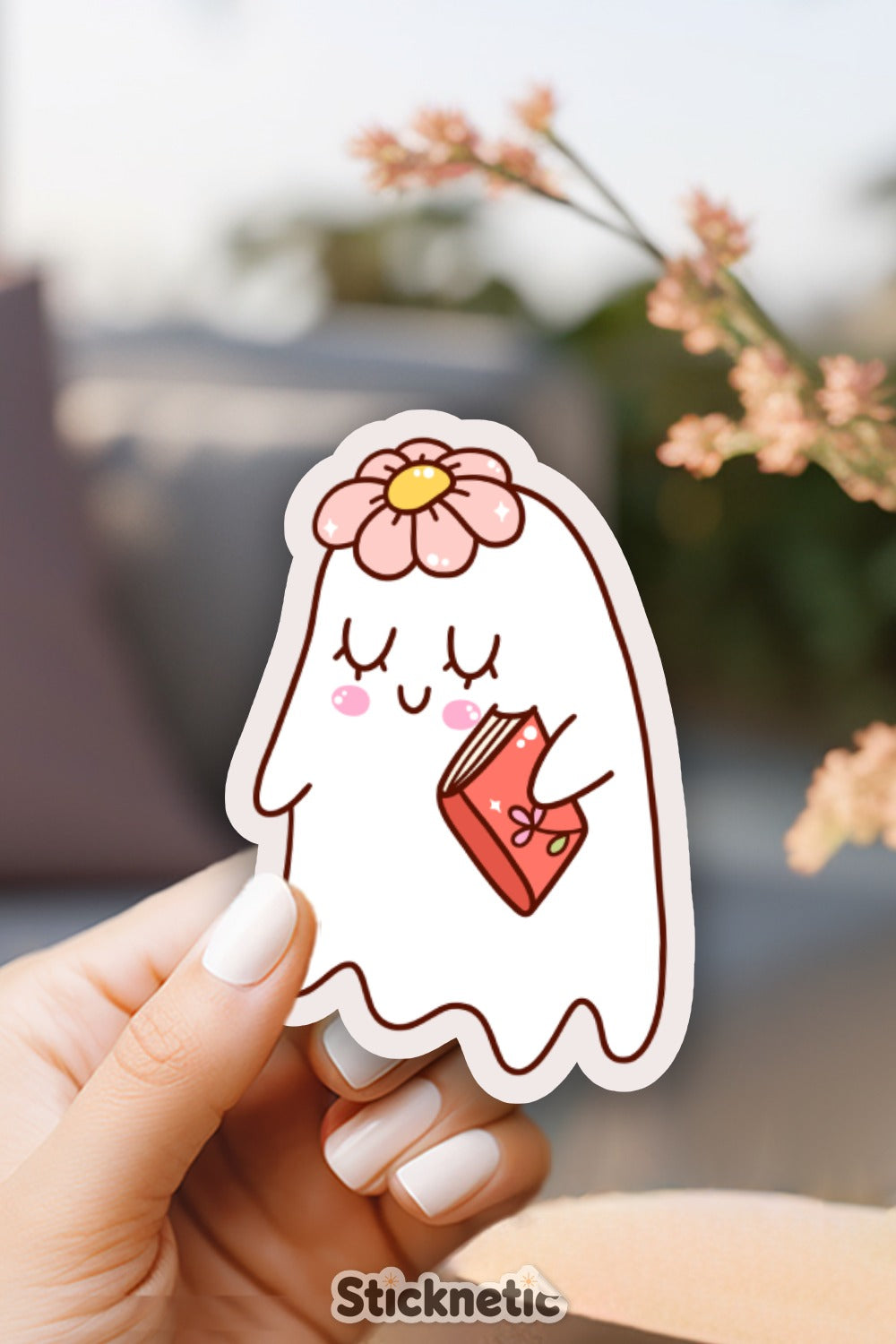 Adorable Flower Head Ghost Holding Book Sticker product