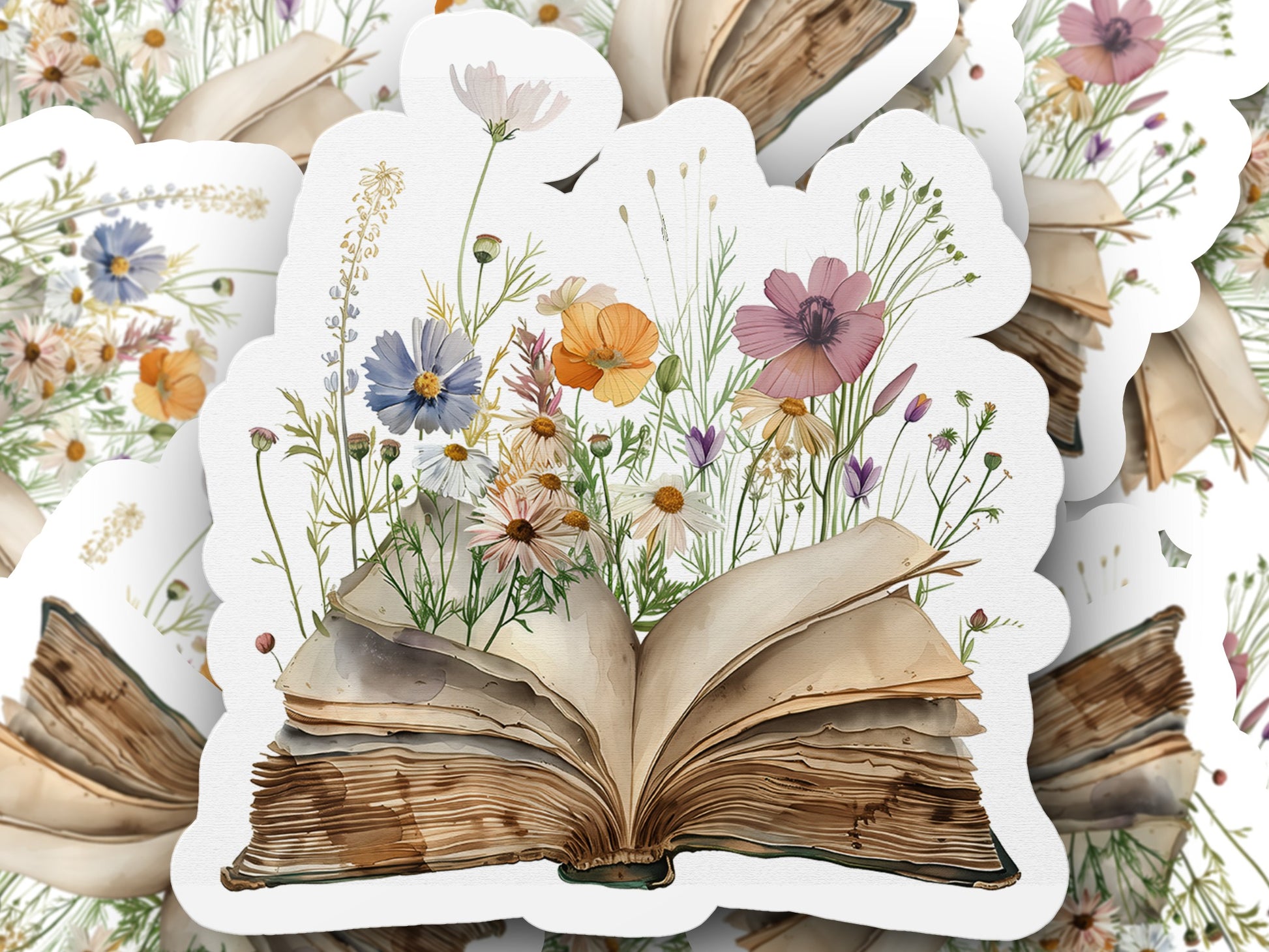Vintage Book with Blooming Wildflowers Sticker product