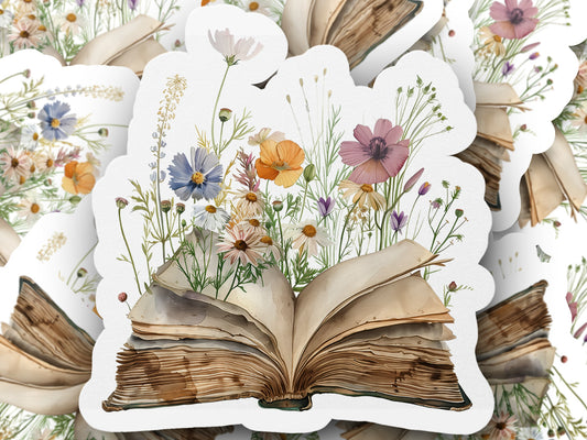 Vintage Book with Blooming Wildflowers Sticker product