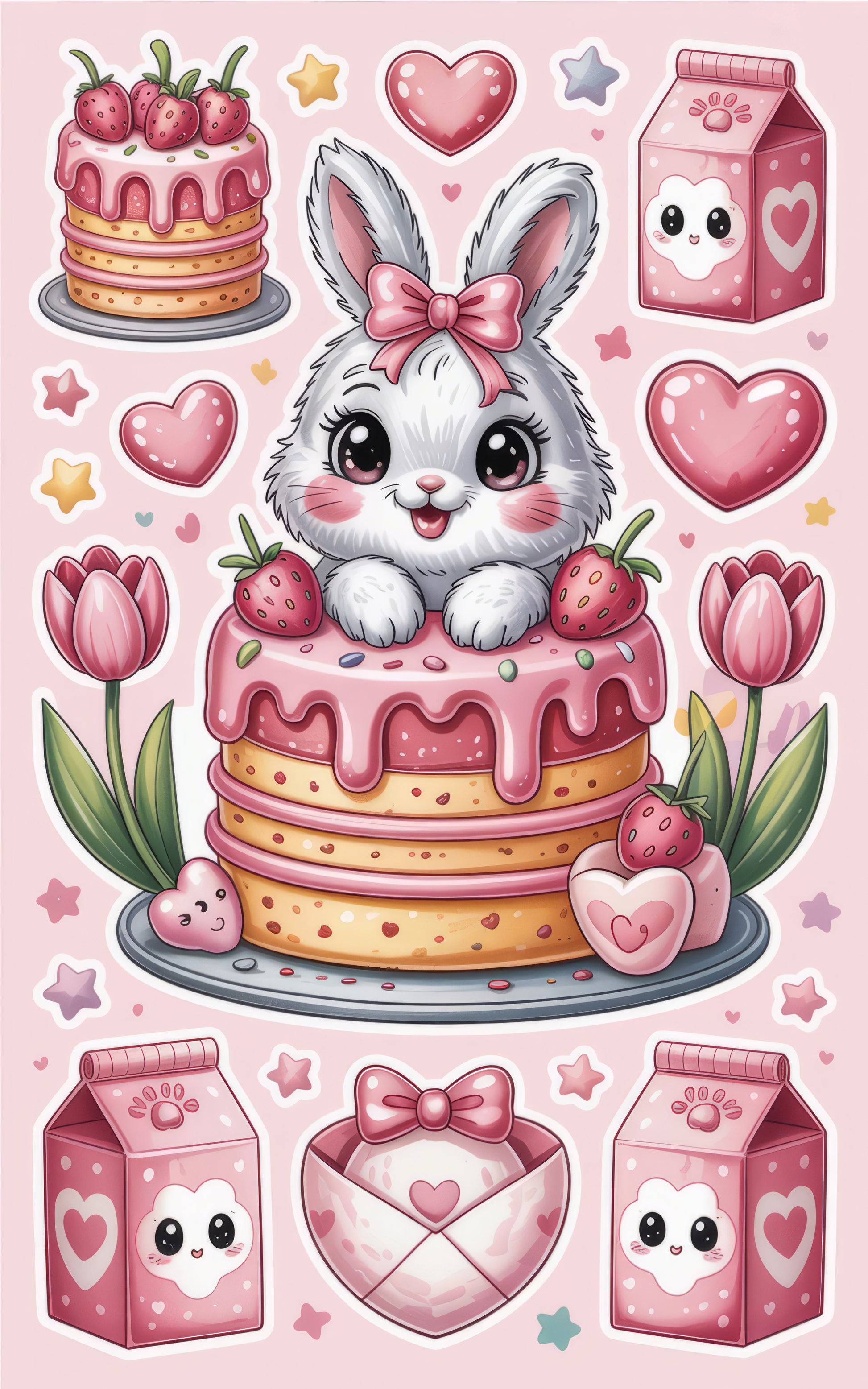 Cute Bunny Strawberry Cake Illustration, Pink Tulip Hearts, Kawaii Valentine's Day Gift Art Print