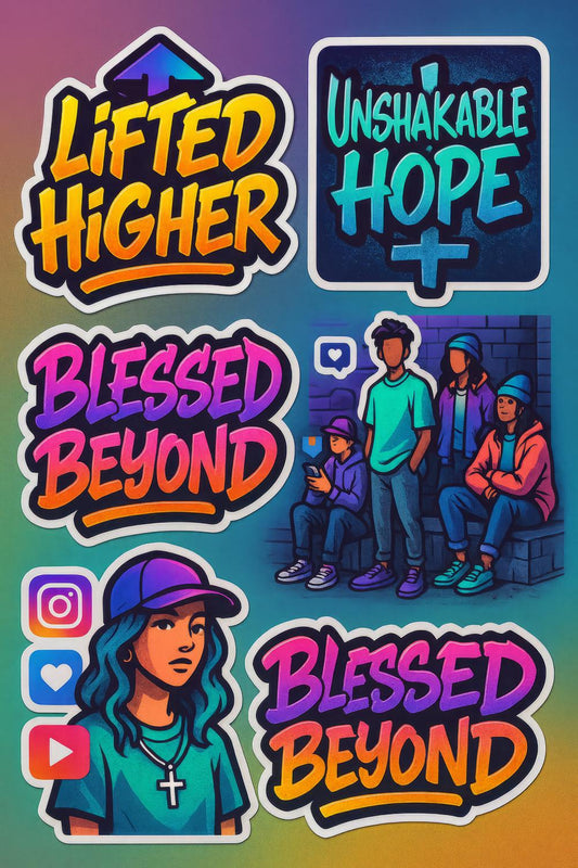 Colorful Urban Christian Stickers, Blessed Beyond, Lifted Higher, Unshakable Hope Decals
