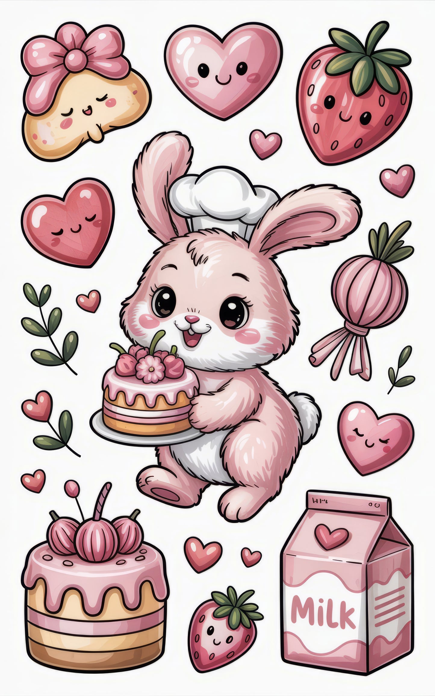 Cute Kawaii Bunny and Sweets Stickers, Strawberry Milk Carton, Heart Charms, Adorable Rabbit Decal Set for Laptops and Planners