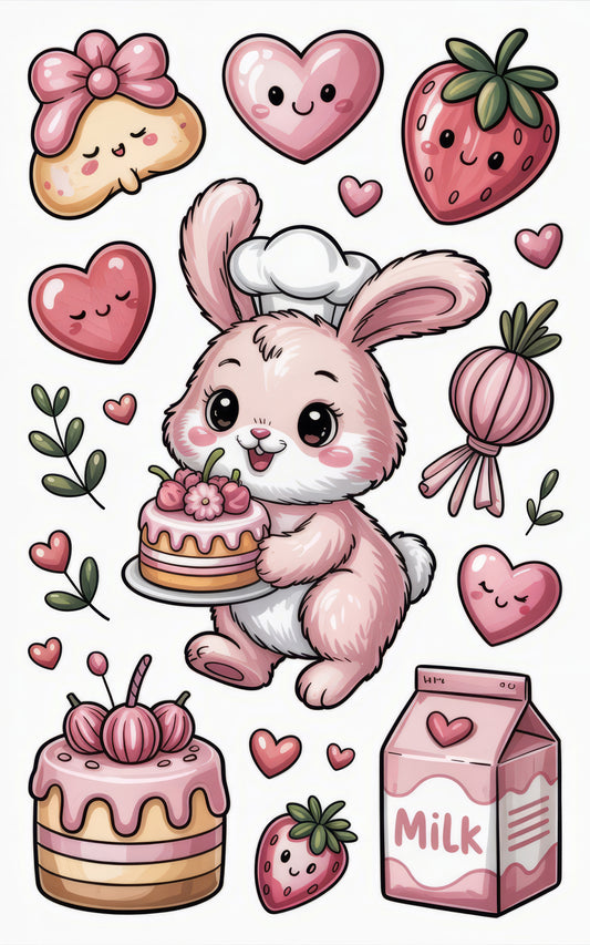 Cute Kawaii Bunny and Sweets Stickers, Strawberry Milk Carton, Heart Charms, Adorable Rabbit Decal Set for Laptops and Planners