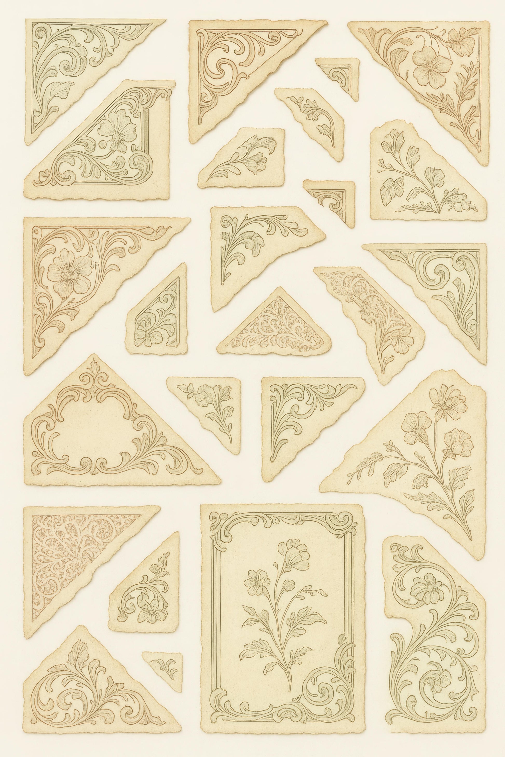 Vintage Botanical Print Elements, Floral Corner Designs, Art Nouveau Style Decor, Antique Illustration, Craft Paper Supplies, Scrapbooking