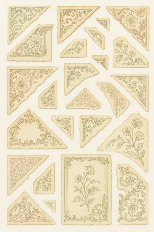 Vintage Botanical Print Elements, Floral Corner Designs, Art Nouveau Style Decor, Antique Illustration, Craft Paper Supplies, Scrapbooking