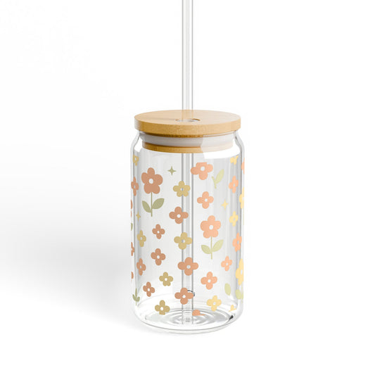 Vintage Floral Pattern Glass Water Bottle with Bamboo Lid, Eco-Friendly Reusable Container