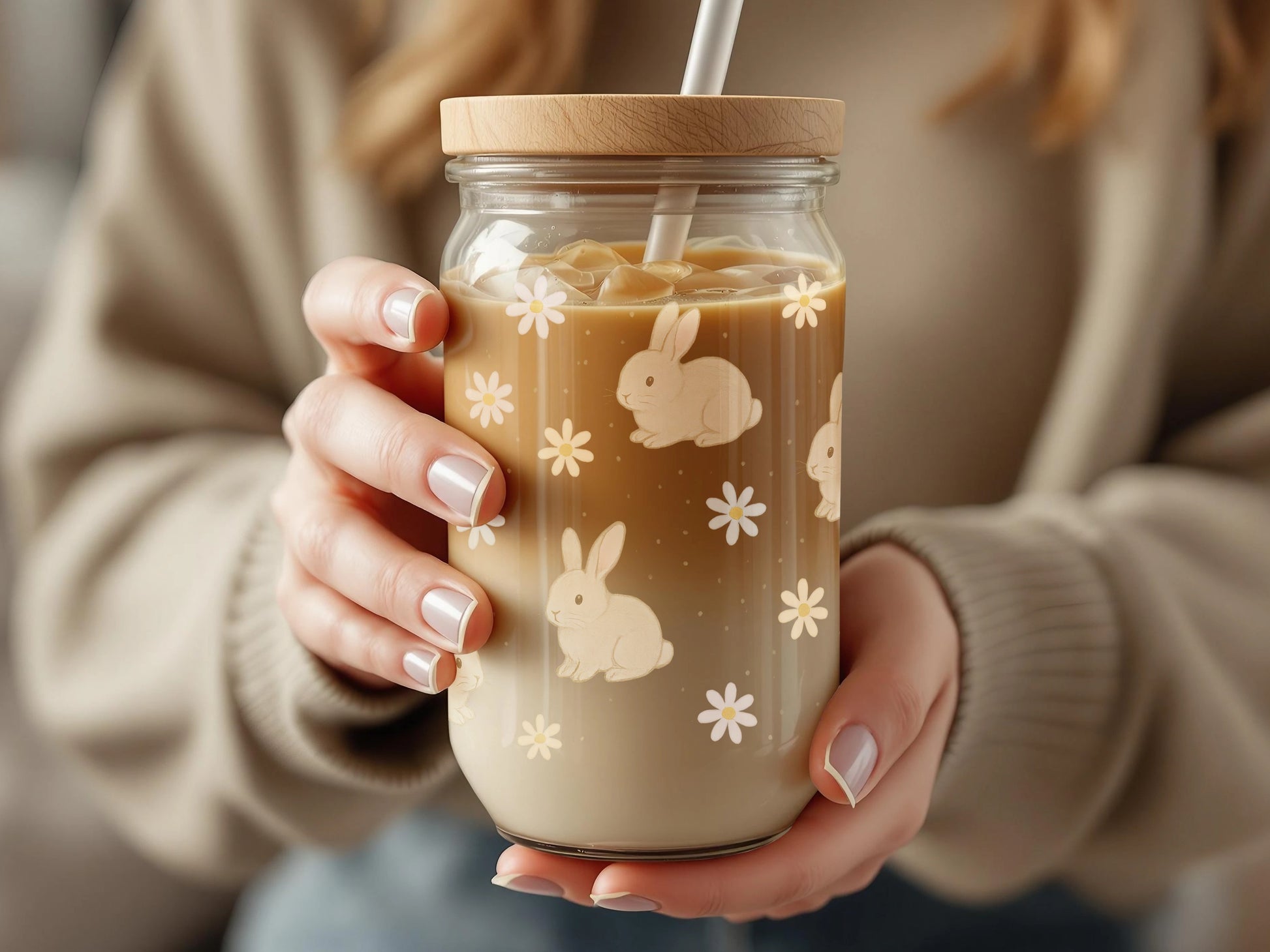 Cute Rabbit and Daisy Print Glass Mason Jar, Bunny Themed Drinkware, Eco-Friendly Reusable Jar with Straw