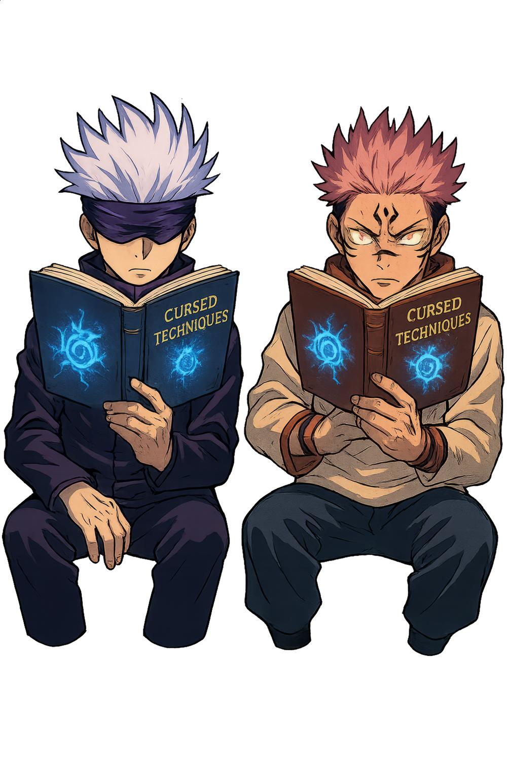 Anime Character Art Print, Two Male Characters Reading, Manga Inspired Poster, Cursed Techniques Books Illustration, Wall Decor, Collectible