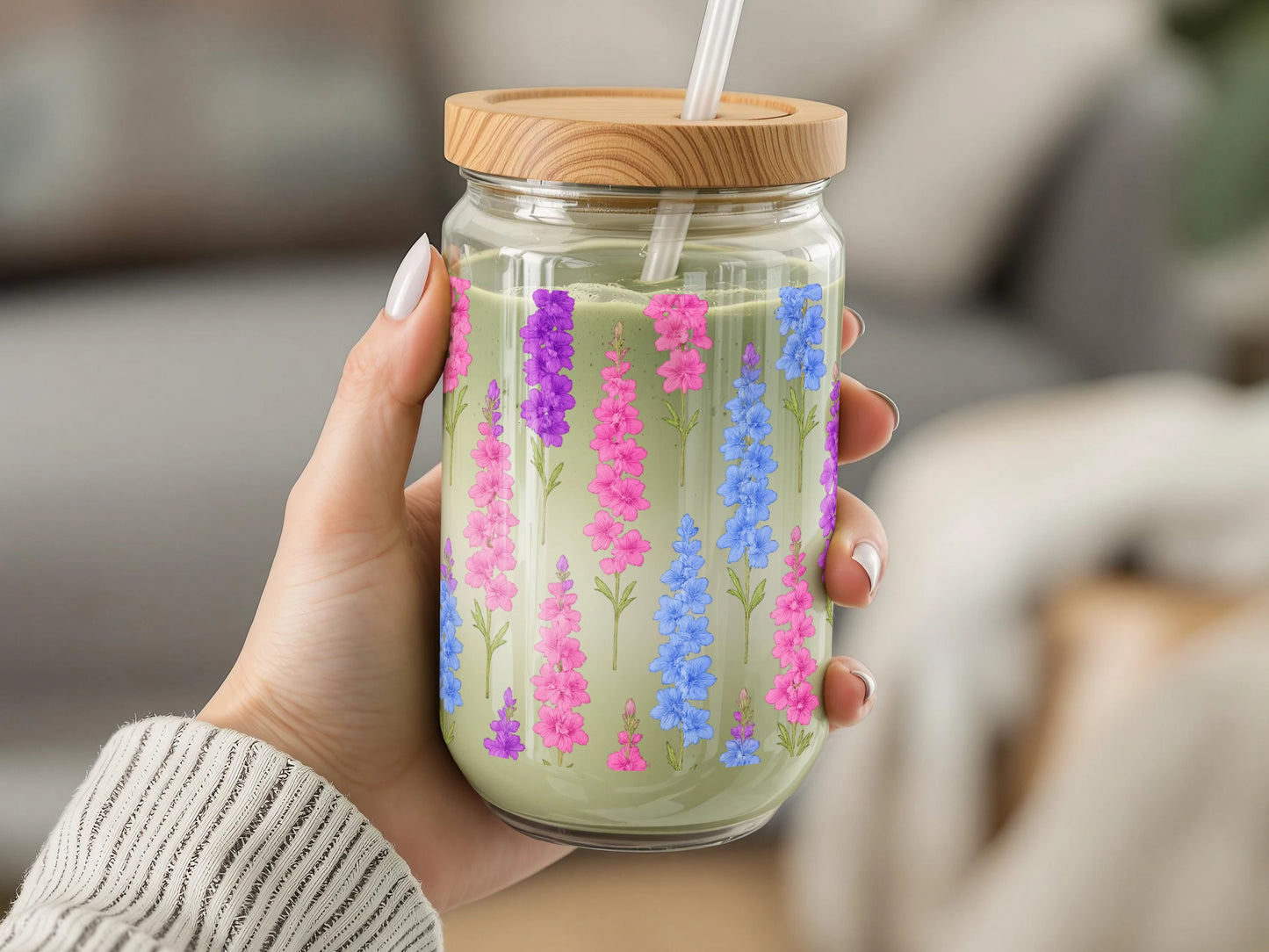 Handheld Floral Glass Jar with Bamboo Lid, Reusable Drinking Jar, Colorful Flower Print, Eco-Friendly Kitchenware