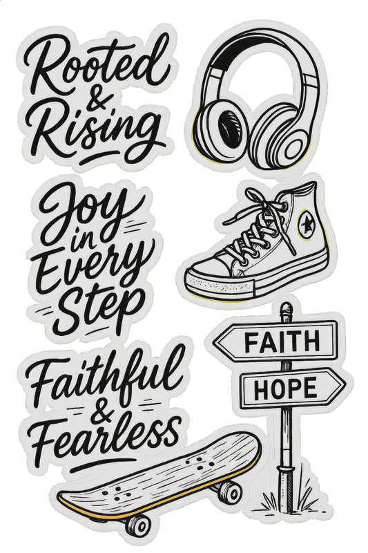 Trendy Sticker Pack, Skateboard, Headphones, Sneakers, Inspirational Quotes Decals, Waterproof Vinyl
