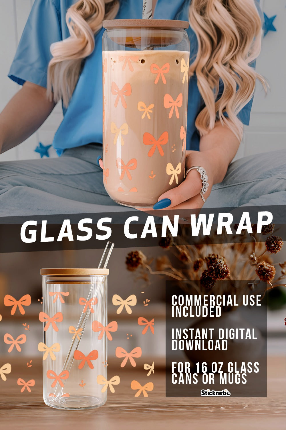 Floral Glass Can Wrap for 16 oz Mugs, Instant Download Commercial Use, Customizable Digital File