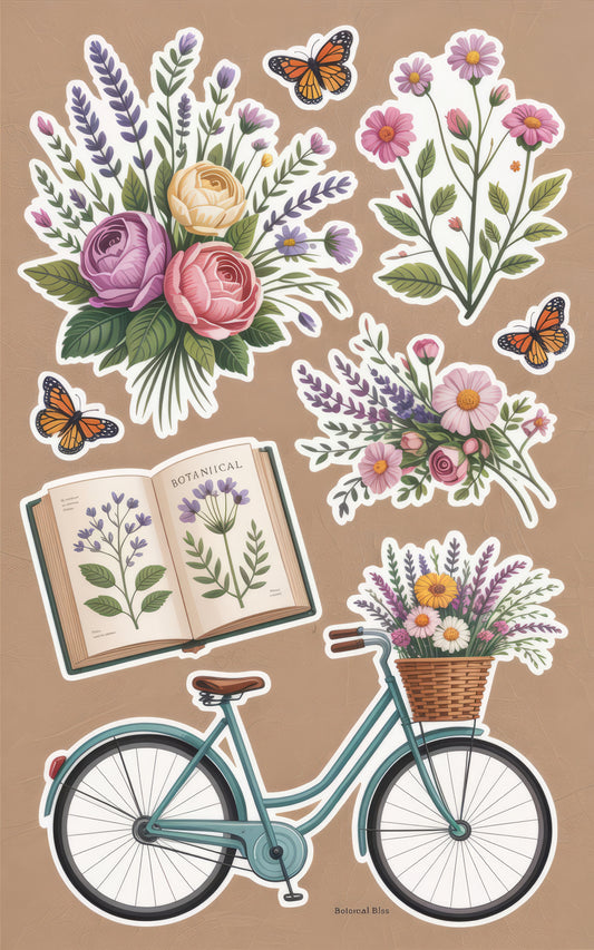 Vintage Floral Bicycle Stickers, Botanical Bliss, Butterfly Decals, Scrapbooking, Planner Accessories, Gift Idea