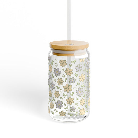 Floral Pattern Glass Jar with Bamboo Lid, Eco-Friendly Storage Container for Kitchen Essentials