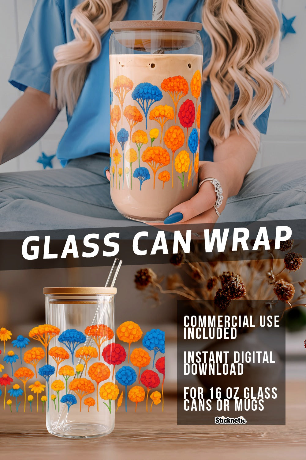 Colorful Tree Design Glass Can Wrap, Reusable Drink Sleeve, 16 oz Mug Cover, Digital Download, Commercial Use