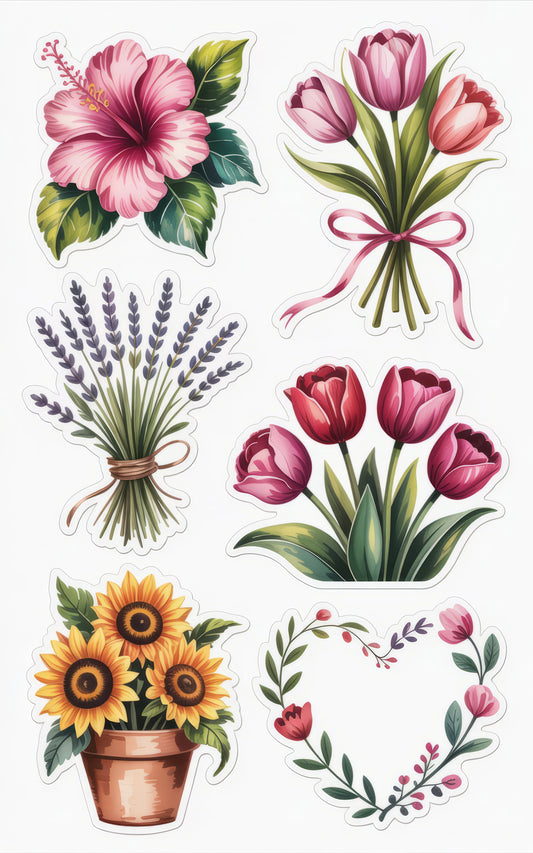 Colorful Floral Stickers Set, Hibiscus, Tulips, Lavender, Sunflowers, Decorative Scrapbooking, Waterproof Vinyl Decals