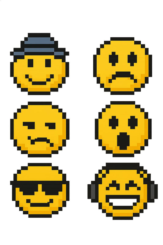 Pixel Art Emotion Faces, Digital Download, Retro 8-Bit Smileys, Yellow Avatar Icons for Social Media