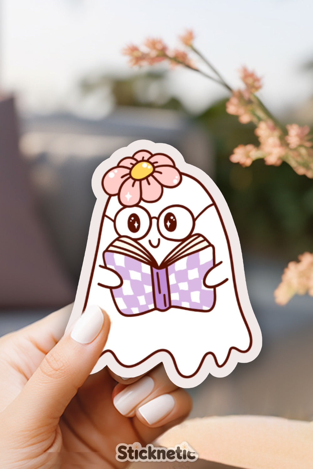 Cute Ghost with Flower Reading Sticker product