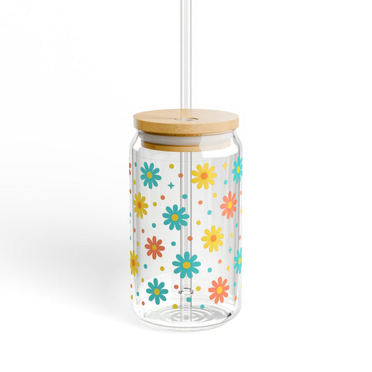 Colorful Floral Glass Jar, Hanging Kitchen Storage, Decorative Flower Pattern, Bamboo Lid, Home Organizer