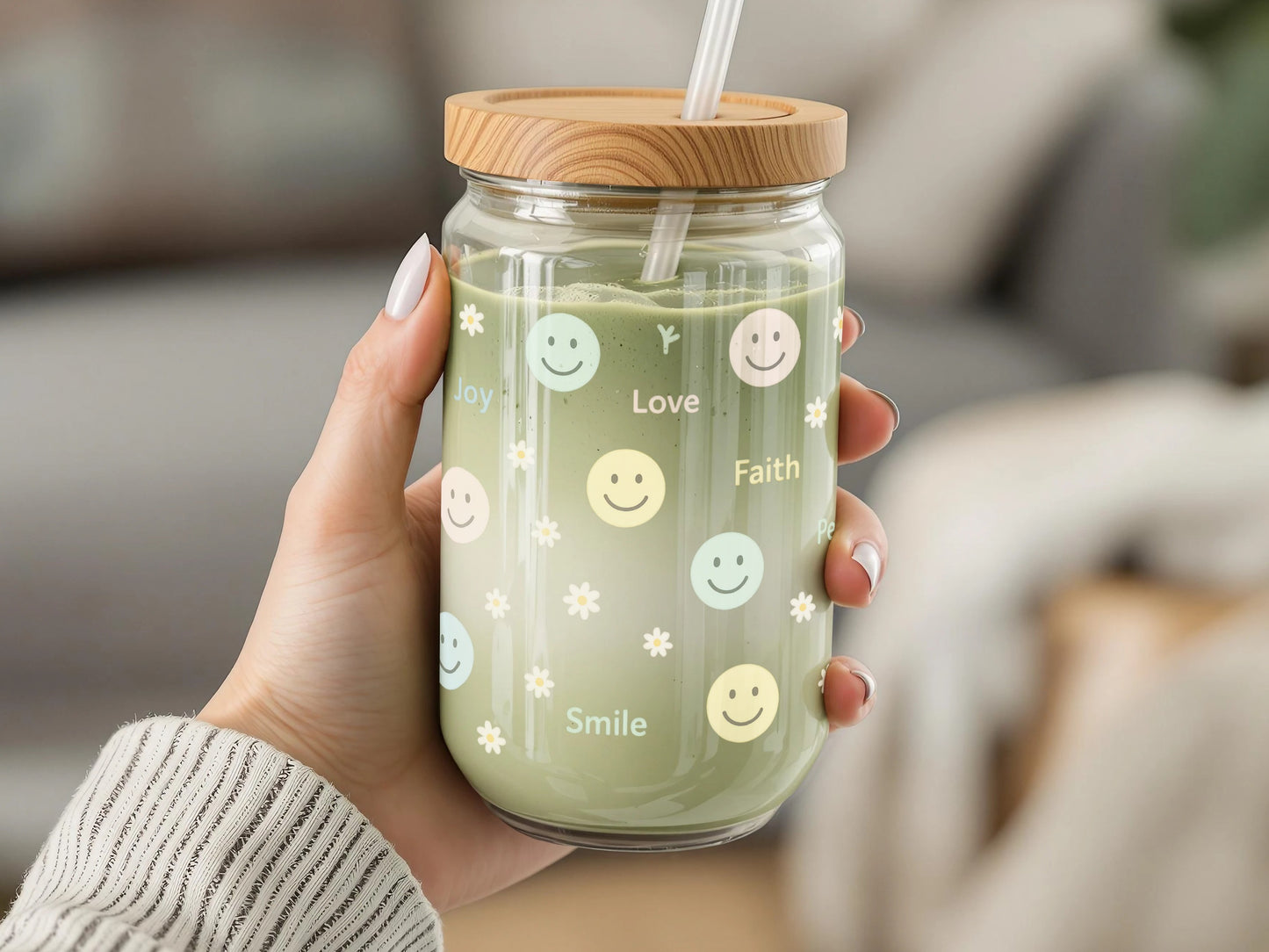 Smiley Face Glass Tumbler with Bamboo Lid, Positive Affirmation, Reusable Drinkware, Eco-Friendly Gift Ideas