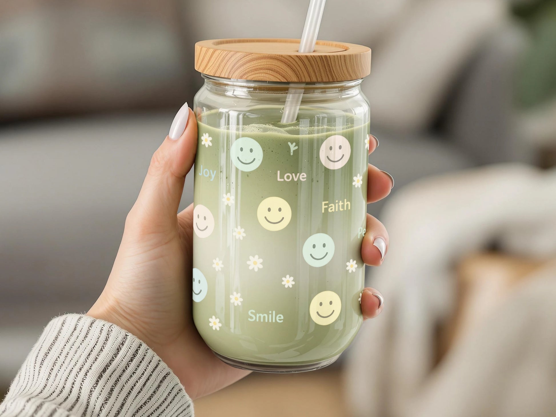 Smiley Face Glass Tumbler with Bamboo Lid, Positive Affirmation, Reusable Drinkware, Eco-Friendly Gift Ideas