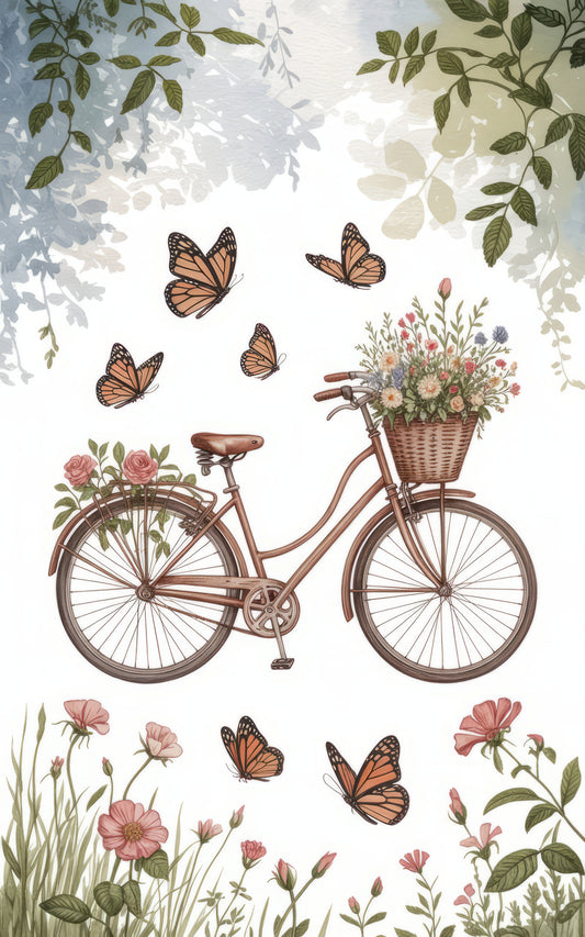 Vintage Bicycle Art Print, Floral Basket, Butterflies, Spring Garden Poster, Botanical Wall Decor, Nature Inspired Artwork