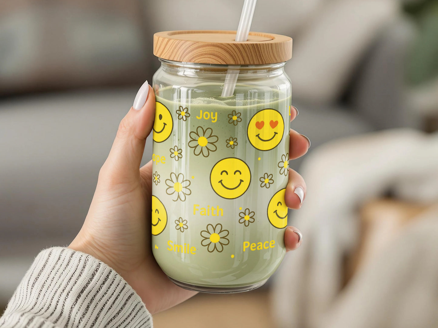 Smiley Face Glass Jar, Positive Affirmation, Joy Faith Peace, Eco-Friendly Drinkware with Lid and Straw