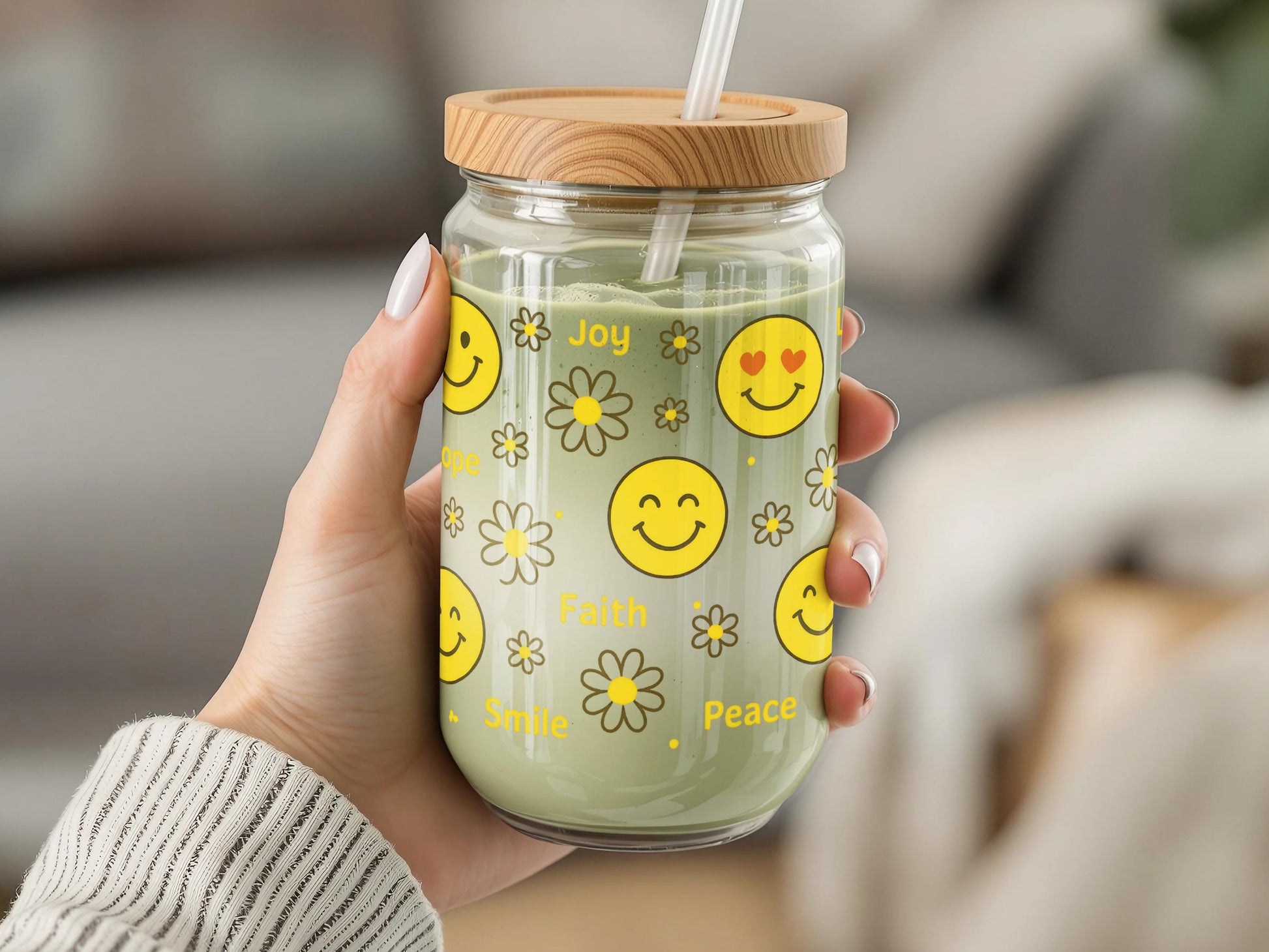 Smiley Face Glass Jar, Positive Affirmation, Joy Faith Peace, Eco-Friendly Drinkware with Lid and Straw