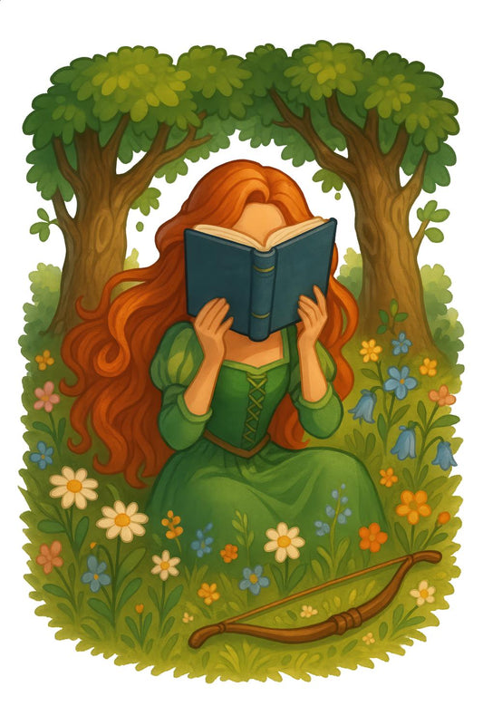 Fantasy Art Print, Woman Reading Book Under Tree, Red Hair, Green Dress, Floral Woodland Scene