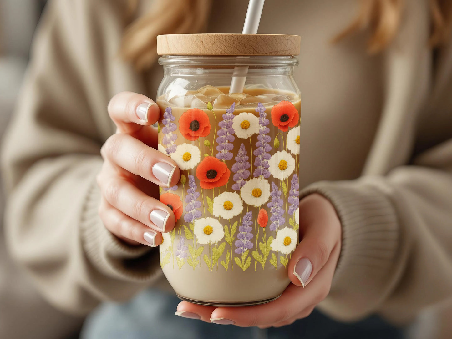 Floral Glass Drinking Jar with Lid and Straw, Colorful Wildflower Print, Handheld Mason Jar Cup