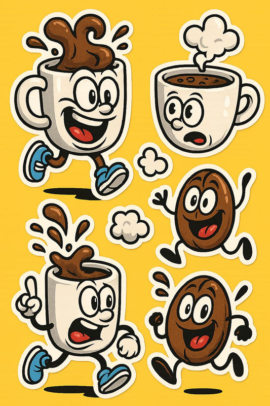 Animated Coffee Cup Characters Art Print, Colorful Kitchen Decor, Cute Coffee Wall Art, Fun Espresso Illustrations