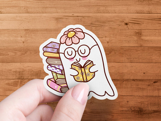 Cute Ghost with Books and Flower Sticker product type