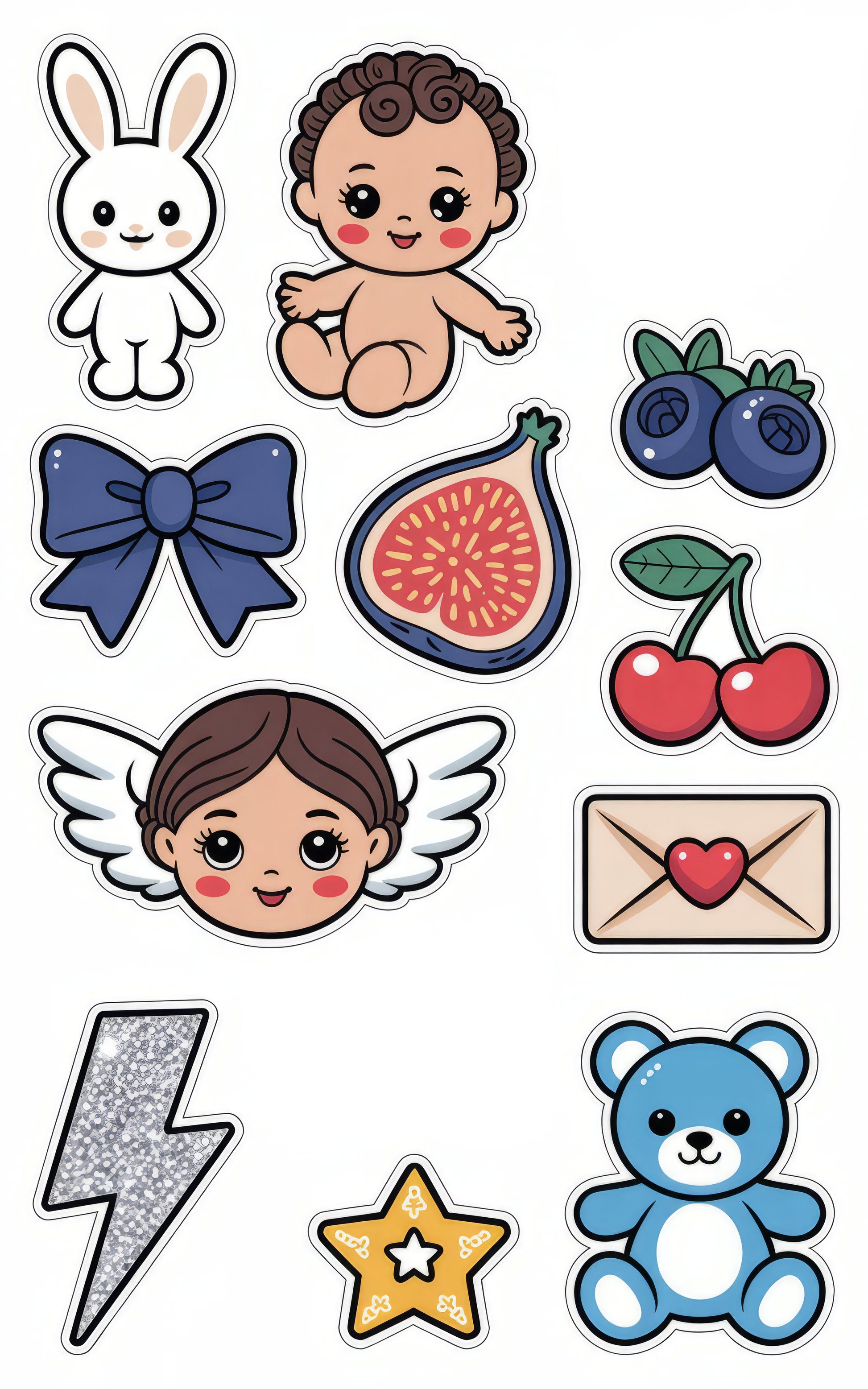 Cute Stickers Variety Pack, Bunny, Baby, Fig, Blueberries, Bow, Angel, Cherry, Lightning, Star, Teddy Bear