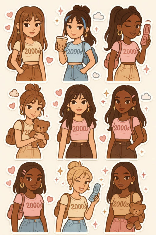 Y2K Fashion Girls Sticker Set, Cute Diverse Characters, 2000s Aesthetic, Laptop and Phone Decals, Teen Room Decor, Trendy Gift Idea