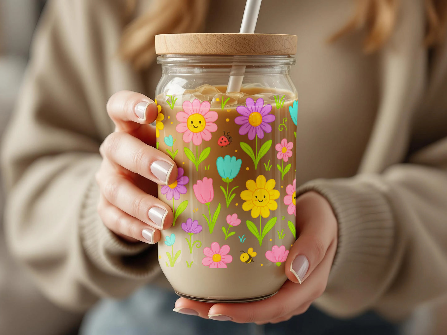 Colorful Floral Tumbler, Insulated Mason Jar Cup with Lid and Straw, Summer Drinkware, Eco-Friendly Reusable Glass