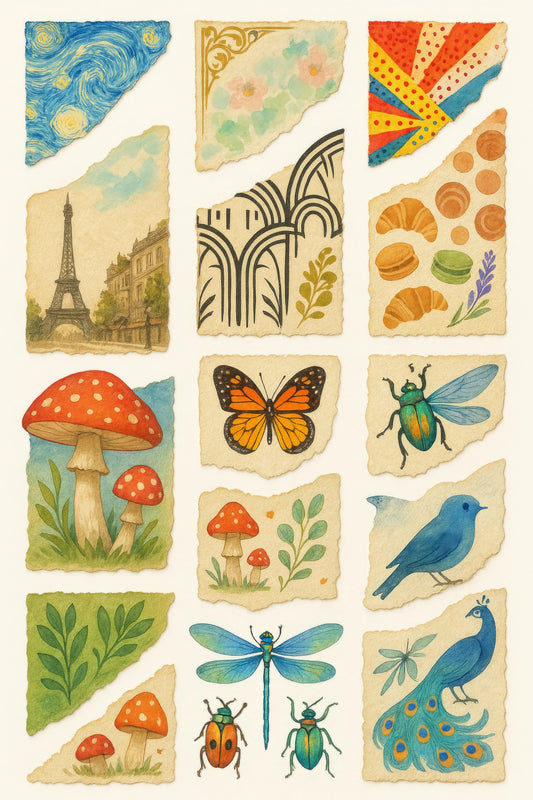 Vintage Watercolor Sticker Set, Paris Landmarks, Nature, Insects, Botanical Illustrations, Artistic Decals