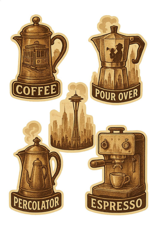 Vintage Coffee Maker Stickers, Espresso, Percolator, Pour Over, Retro Kitchen Decor, Planner Accessories, Gift for Coffee Lovers