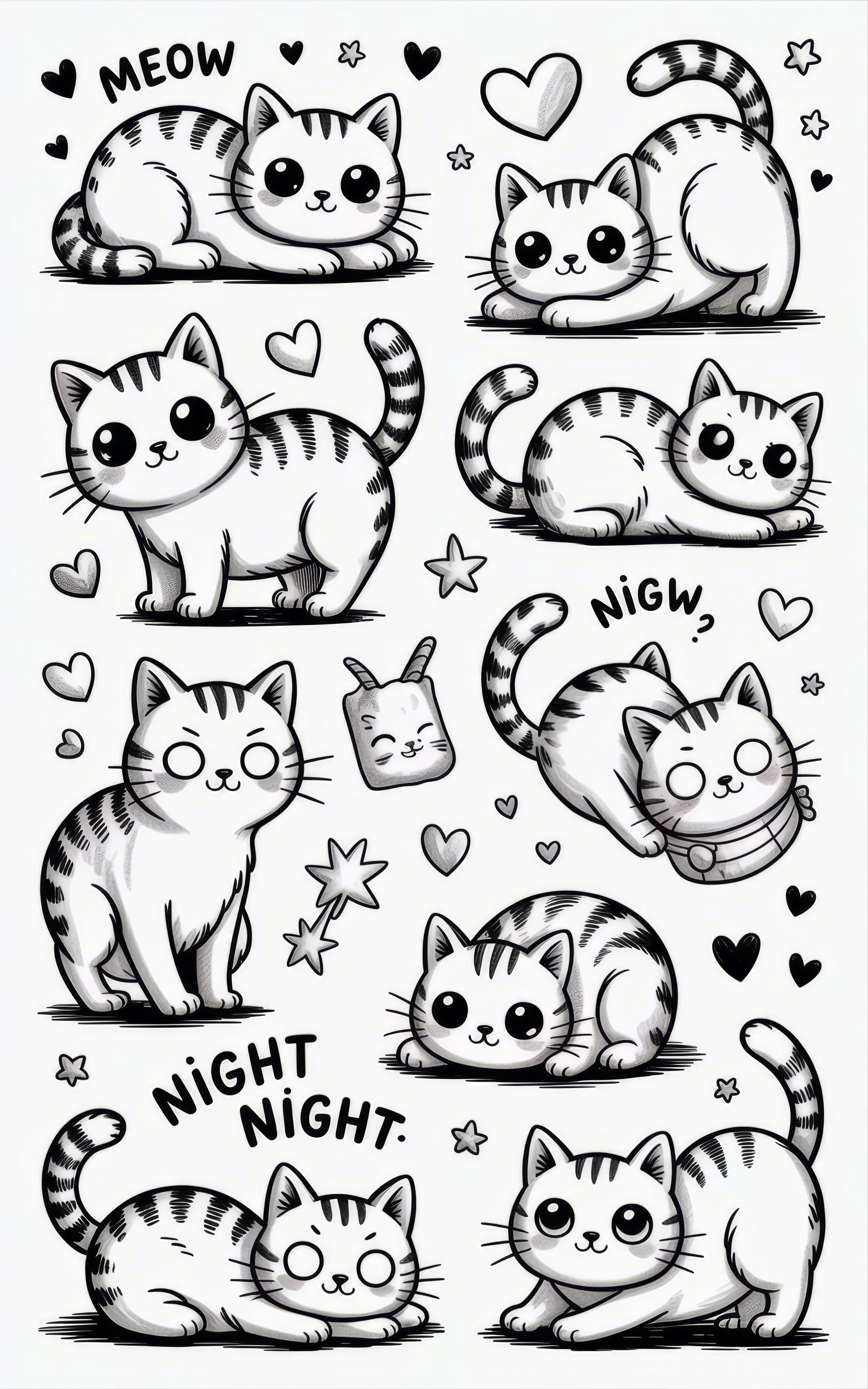 Cute Cat Stickers Set, Kawaii Kitty Decals, Cartoon Cat Designs, Adorable Feline Illustrations, Pet Lover Gift, Meow and Night Night