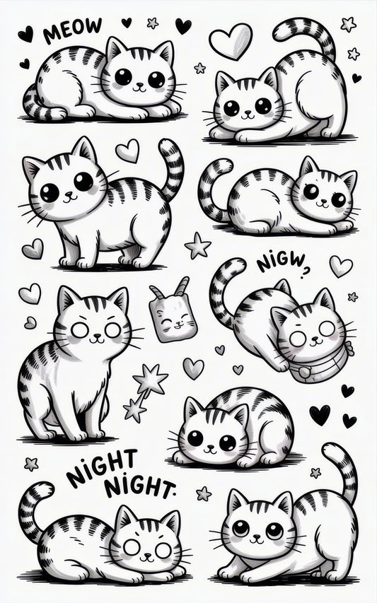 Cute Cat Stickers Set, Kawaii Kitty Decals, Cartoon Cat Designs, Adorable Feline Illustrations, Pet Lover Gift, Meow and Night Night