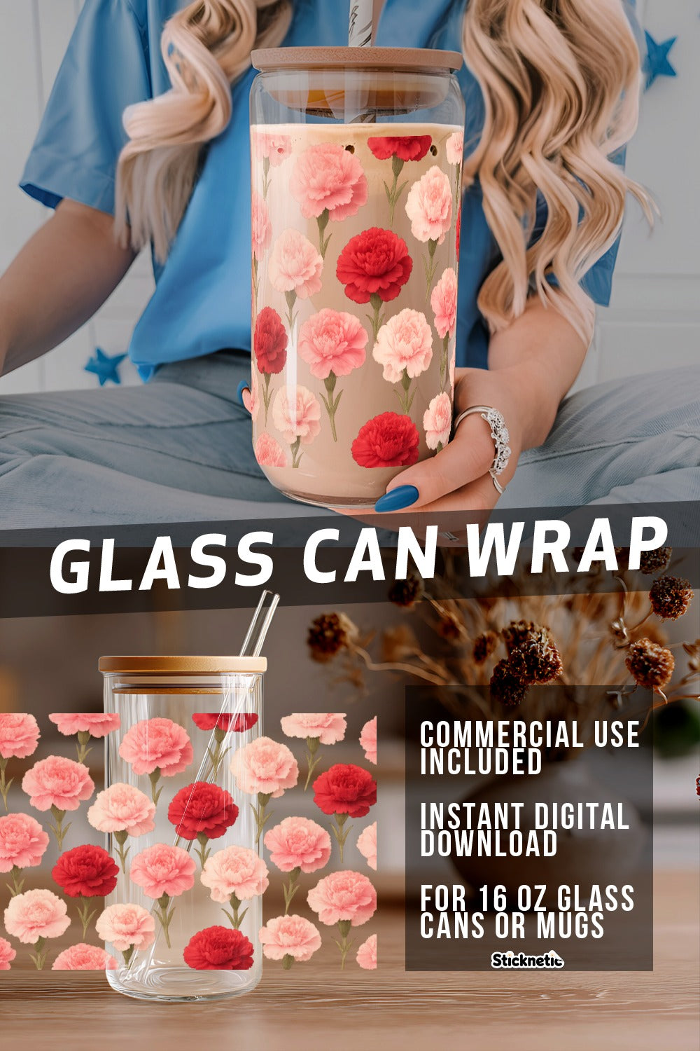Floral Glass Can Wrap, Digital Download, Commercial Use, DIY 16 oz Mug Decals, Instant Access