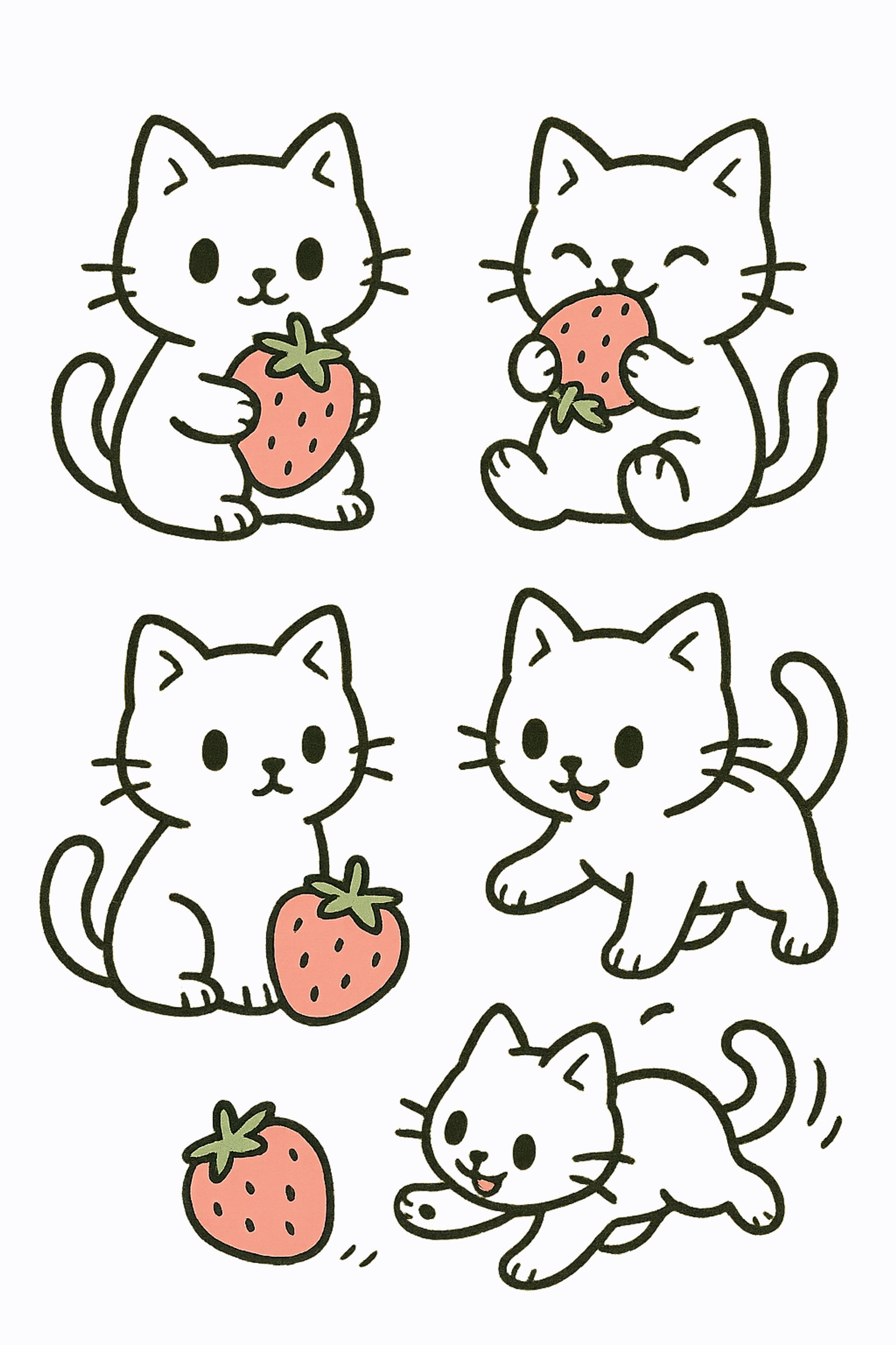 Cute Kitten Cartoon Illustrations, Playful Cats with Strawberries, Digital Download Art, Print at Home Wall Decor