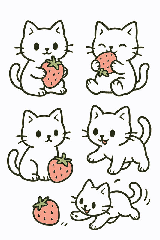 Cute Kitten Cartoon Illustrations, Playful Cats with Strawberries, Digital Download Art, Print at Home Wall Decor
