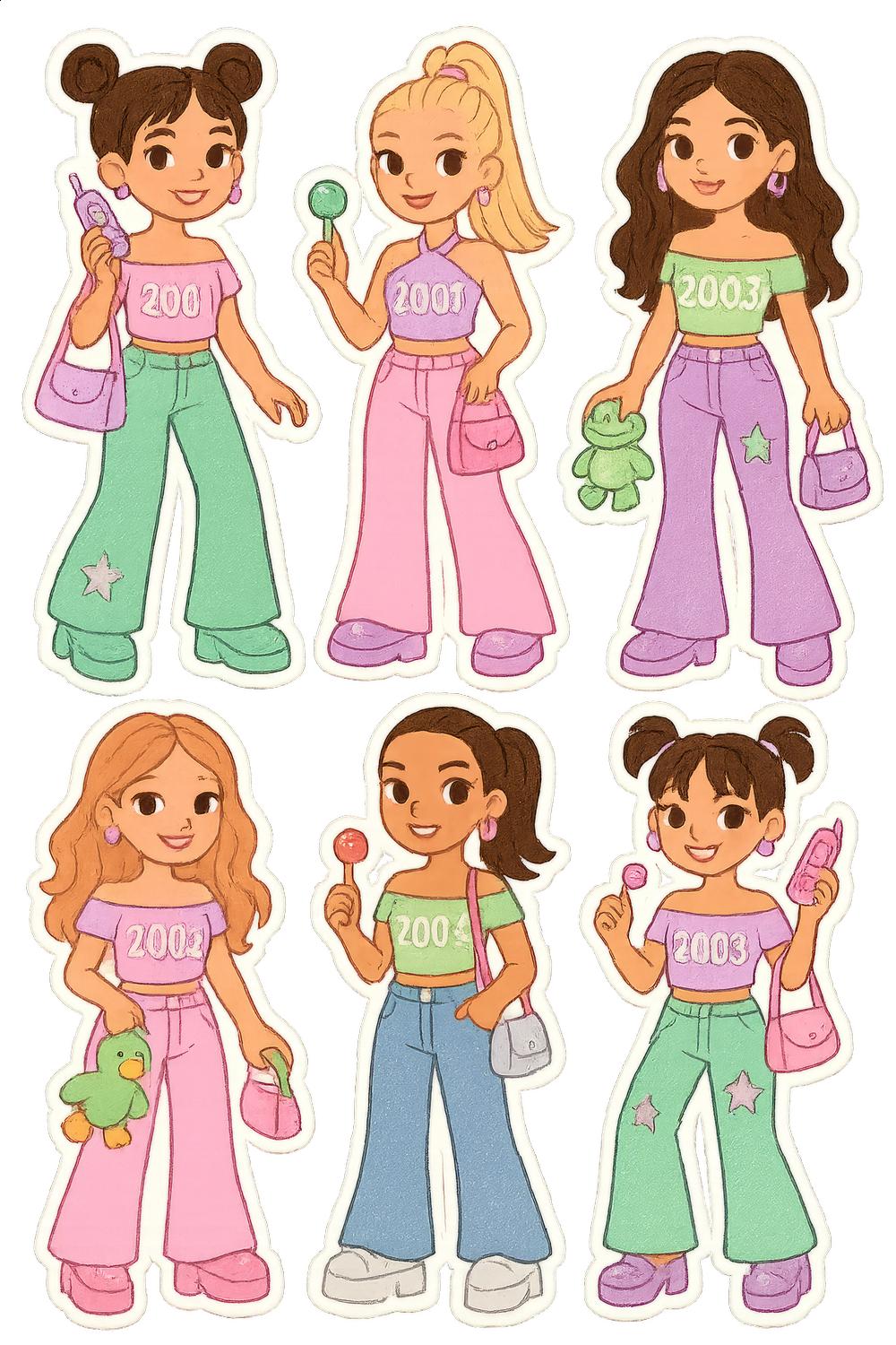 Retro Y2K Fashion Doll Stickers, Cute Cartoon Girls, 2000s Style, Collectible Decals, Teen Decor, Nostalgic Gifts, Set of 6