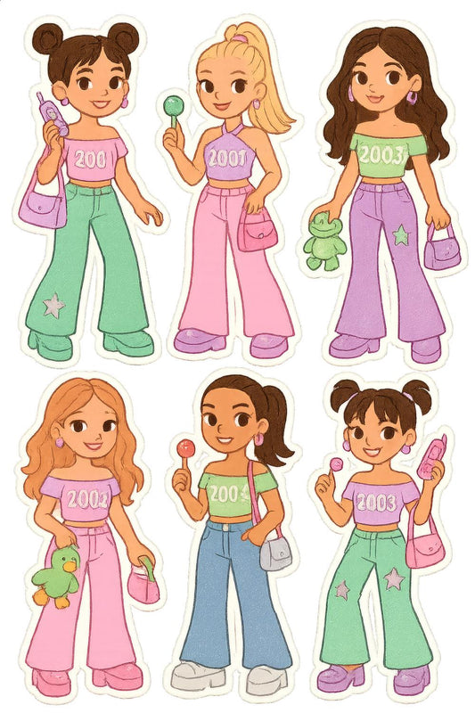 Retro Y2K Fashion Doll Stickers, Cute Cartoon Girls, 2000s Style, Collectible Decals, Teen Decor, Nostalgic Gifts, Set of 6